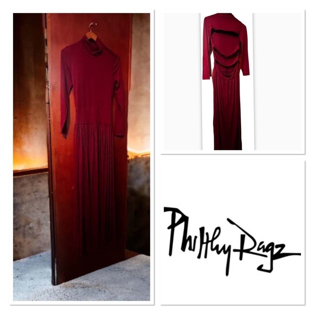 Phithy Ragz Shilyn Long Sleeve Turtleneck Bulgundy Maxi Dress Sz M Cut Out Back